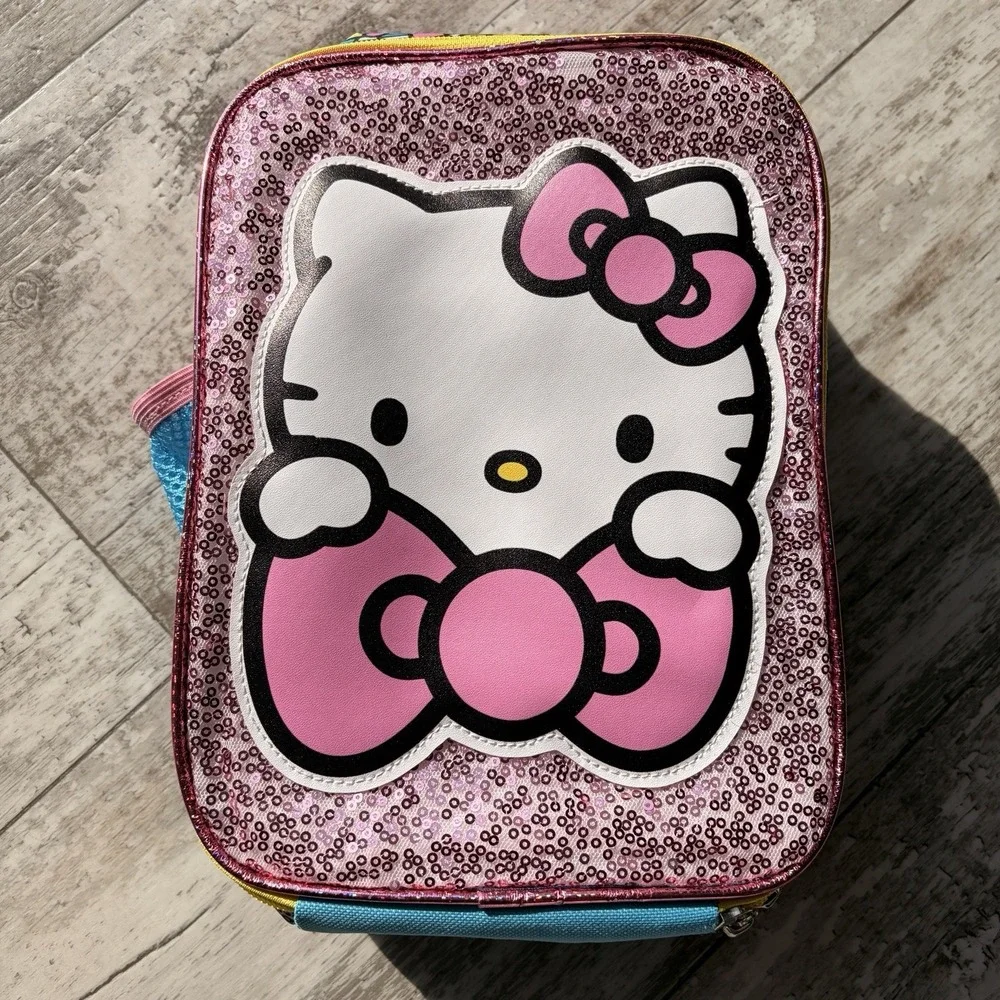 Hello Kitty Brand Lunch Box Sequinned with Bottle Holder Insulated Double Zipper
